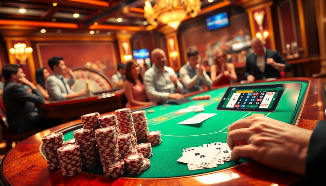 Players at a poker table celebrating a win with 5z7776 com chips and cards.