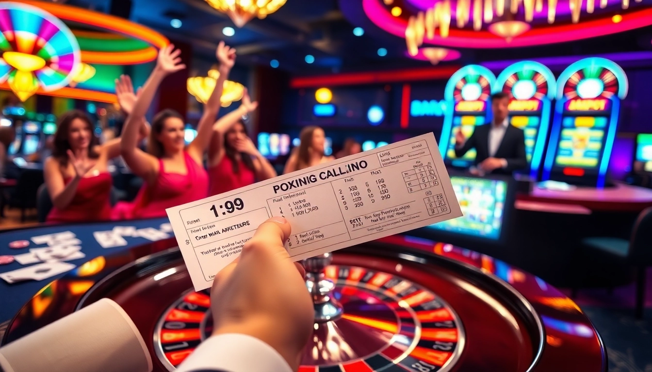 Engaging scene of casino gamblers actively engaged in แทงบอล, celebrating wins at roulette and poker tables.