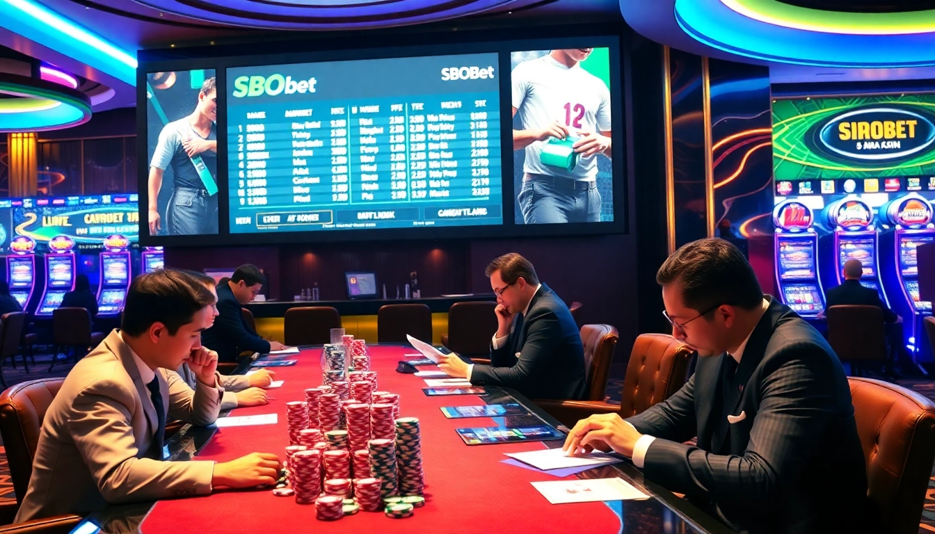 Betting in a luxurious SBOBet sportsbook with live odds on screen and engaged players.