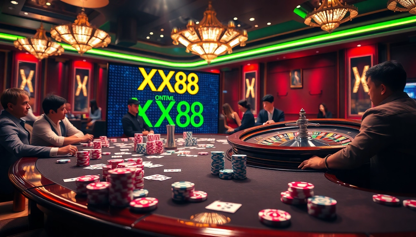Exciting casino gameplay scene showcasing XX88 branding with poker chips and roulette.
