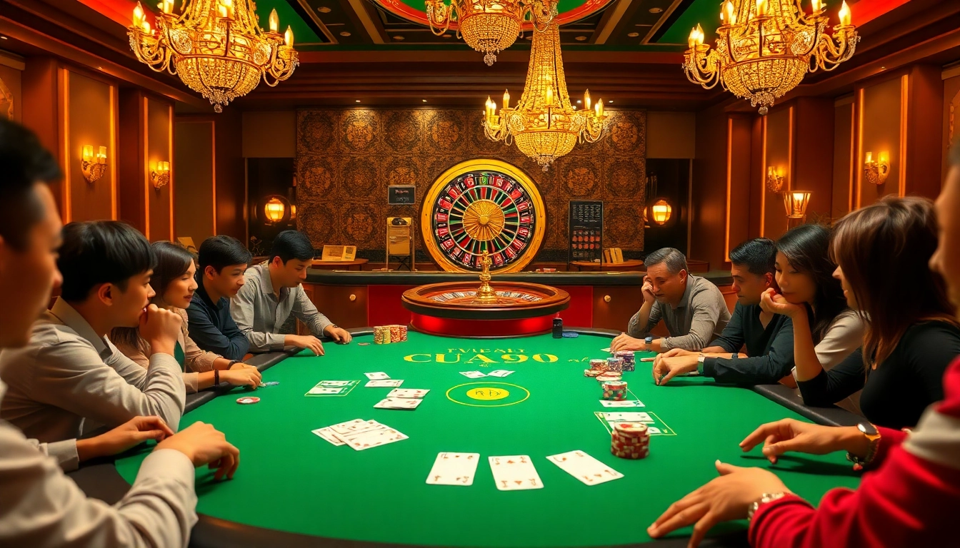 Engage in the thrilling poker action at Vua99 with vibrant chips, cards, and an elegant casino backdrop.