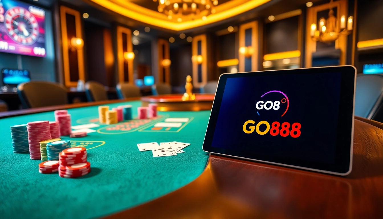 Players enjoying the GO88 casino experience with poker chips and vibrant gaming tables.