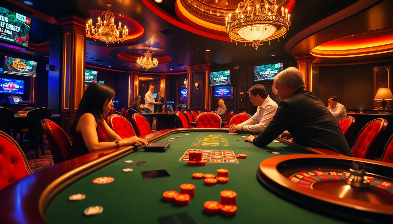 Socolive players engaging at a lively poker table in a luxurious casino.