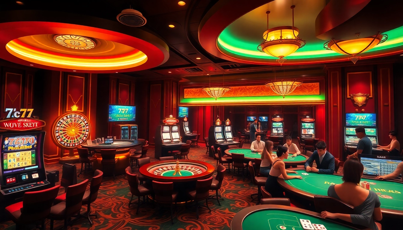 A dynamic gambling scene illustrating players enjoying casino games while showcasing the interactive 7c77 app for enhanced gaming.