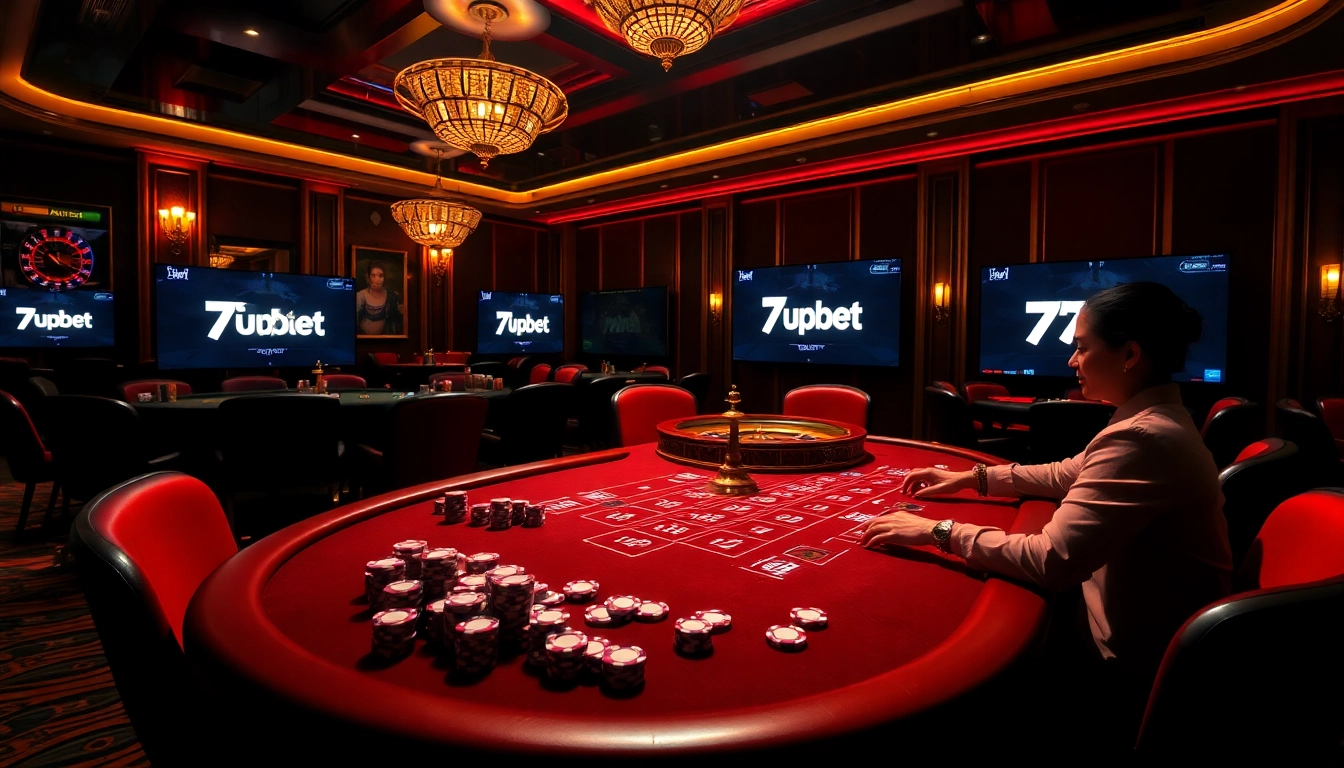 A thrilling poker scene with vibrant colors and 7upbet branding, showcasing an upscale casino atmosphere.