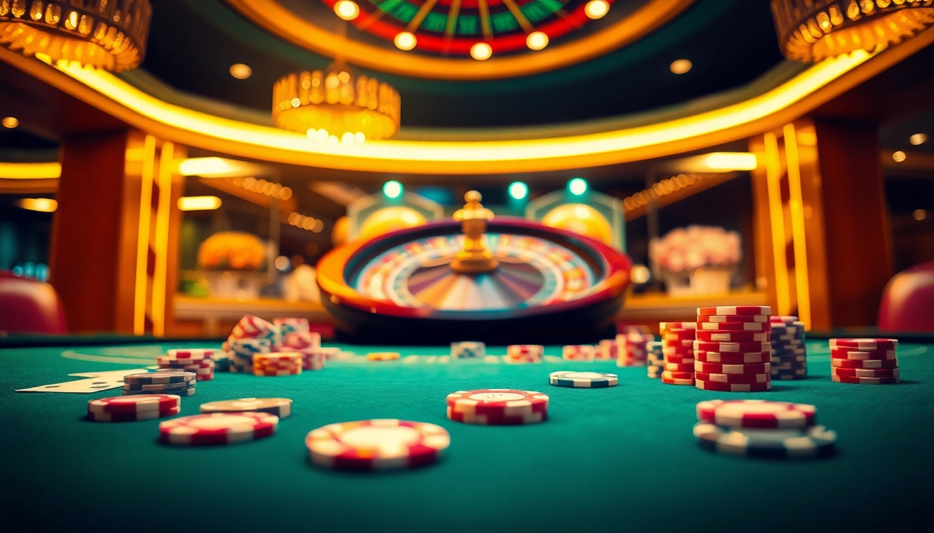 Betting scene showcasing EV88 tại's vibrant casino ambiance with poker chips and cards