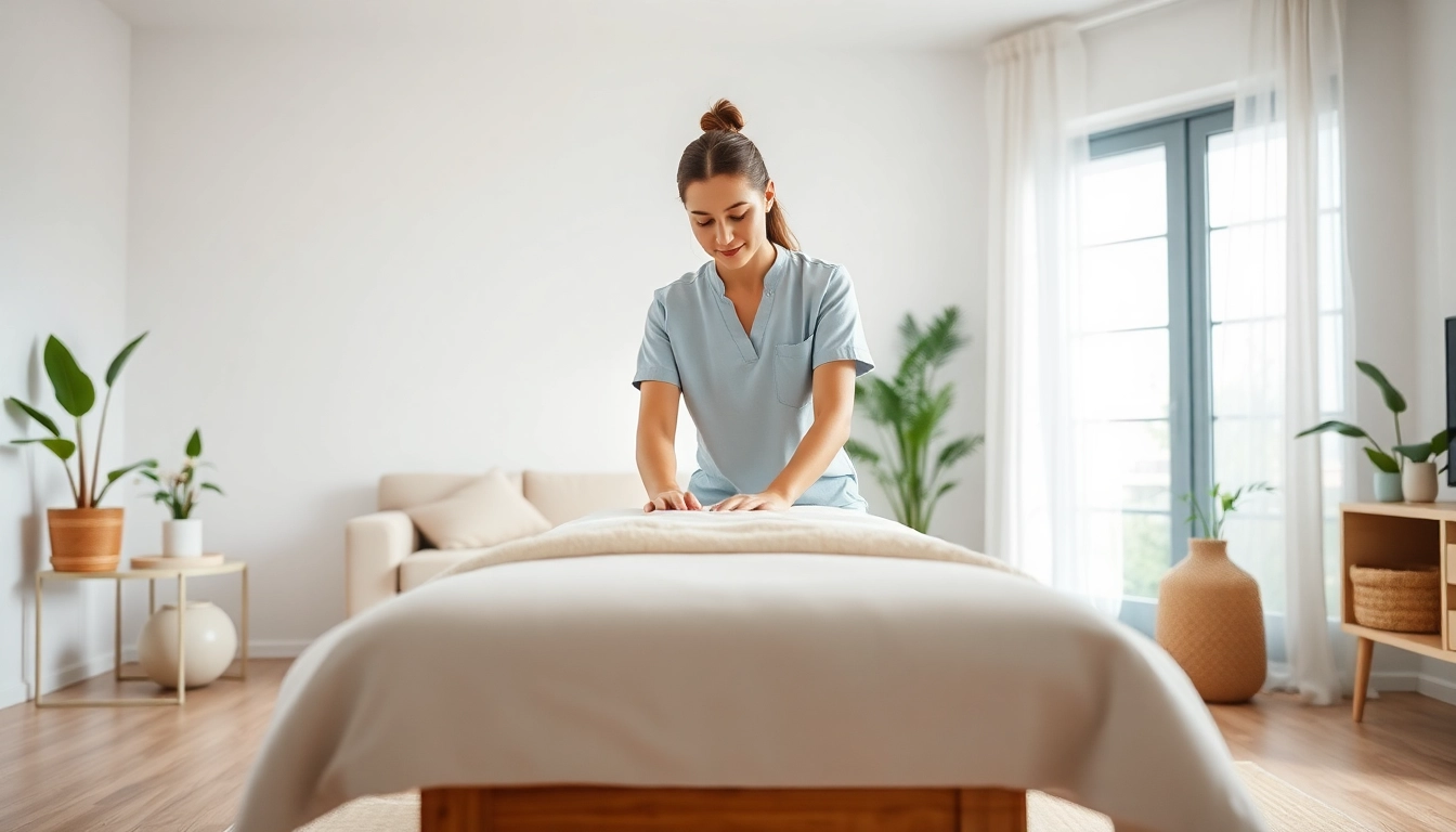 젊은 치료사와 차분한 분위기의 오산출장마사지 서비스용 편안한 홈 마사지 셋업