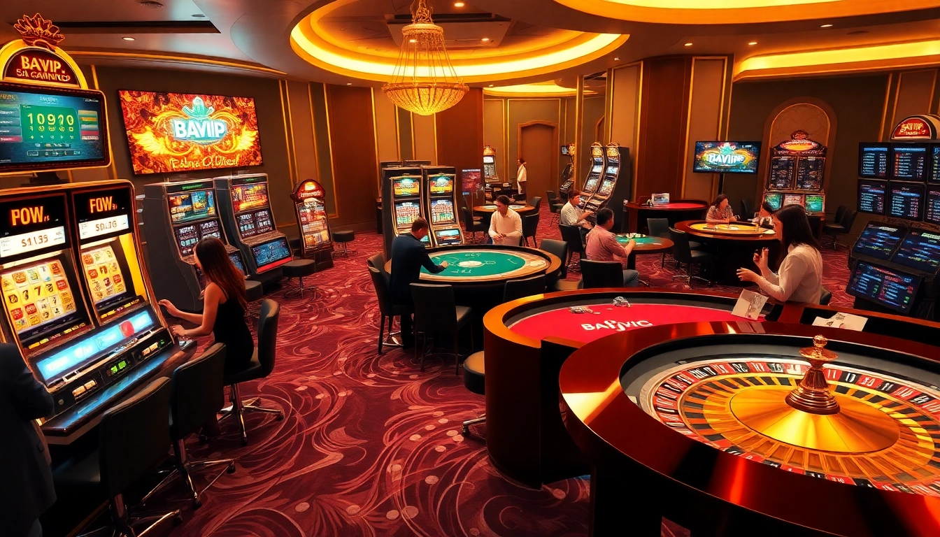 Players immerse in thrilling moments at Bayvip’s vibrant casino, featuring roulette and slot machines.