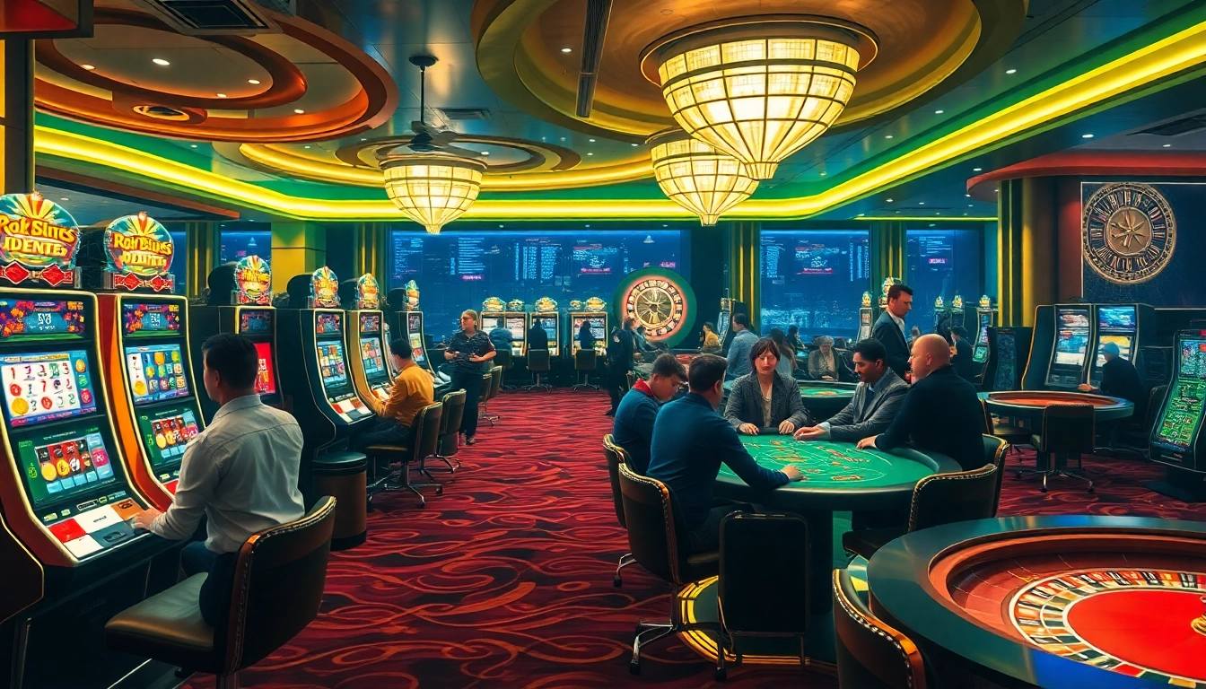 Experience the thrill of idnslot with vibrant slot machines and engaged players in a lively casino setting.